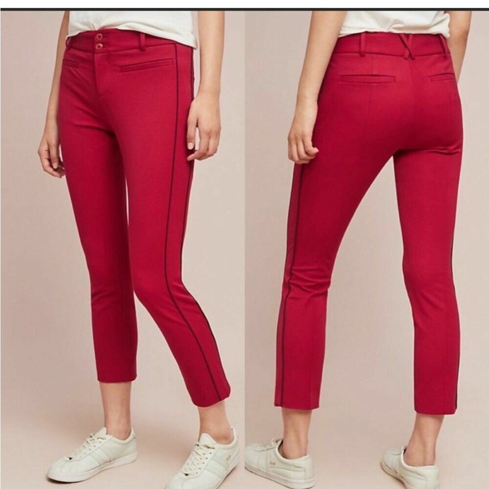 Anthropology Red Slim Ankle Pants with Black Side Stripe